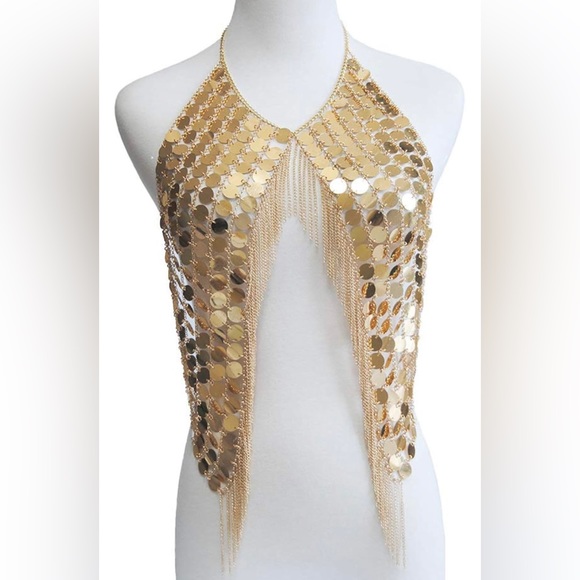 Gold- New Women's Sexy Halter Backless Tank Top Bra Body Chain Necklace Tassel… - Picture 4 of 5